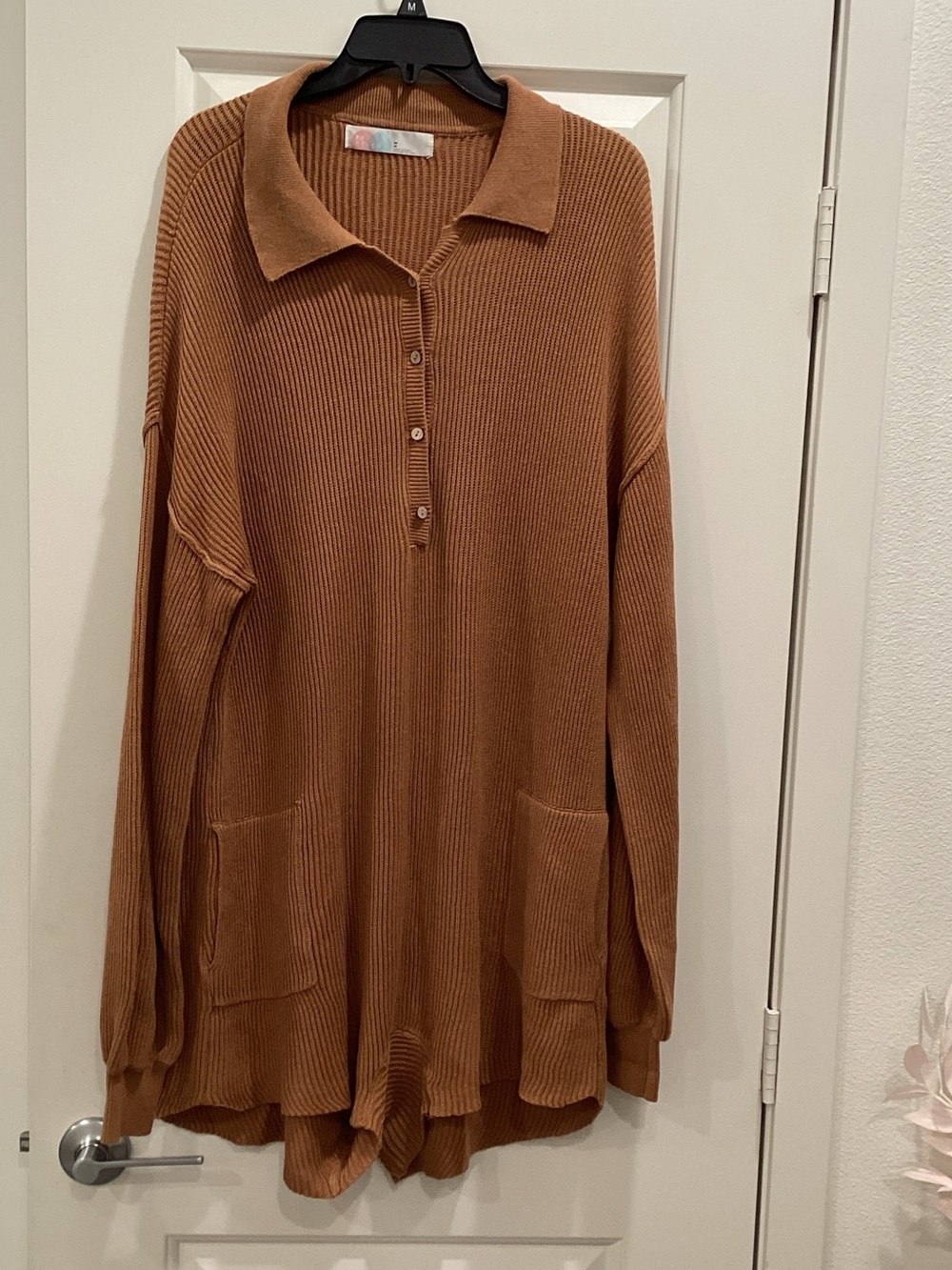 Ribbed Collared Button-Front Jumpsuit Romper — Brown